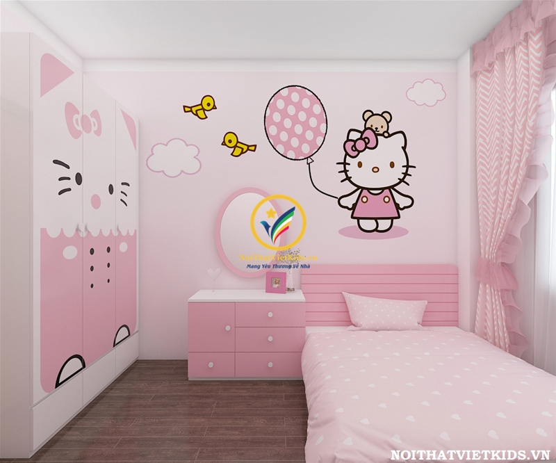 Mẫu phòng ngủ Hello Kitty đẹp cho bé gái –  – Nội Thất VietKids – Số  1 về nội thất trẻ em